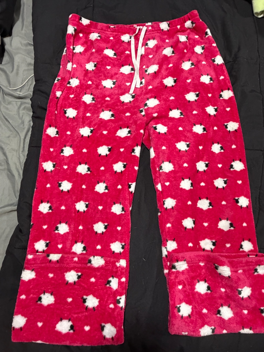 Plush Red Fleece Pajama Pants with White Sheep Print